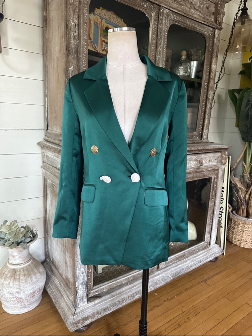 BOSTON PROPER EMERALD GREEN GOLD BUTTON BLAZER JACKET 4 NEW
